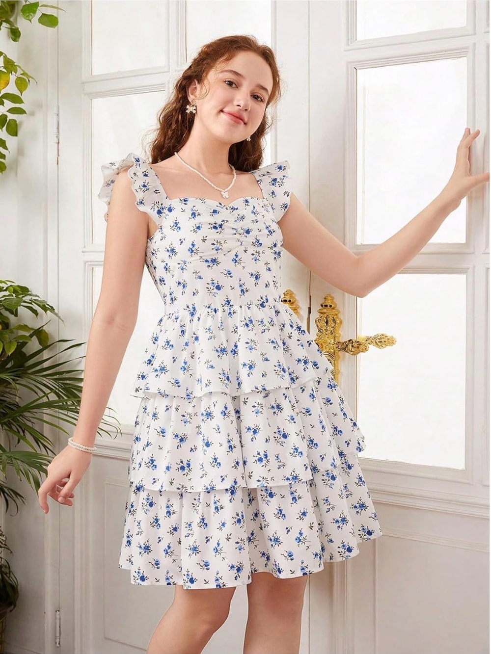RoseSeek Girls Floral Summer Ruffle Tiered Dress Blue White, 12 Years